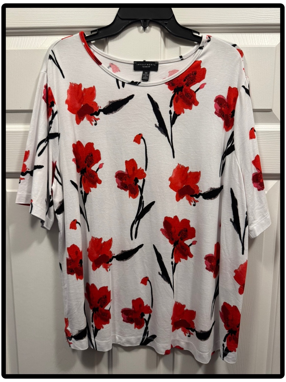 Investments ▪️Women’s White Top with Red Black Floral Print